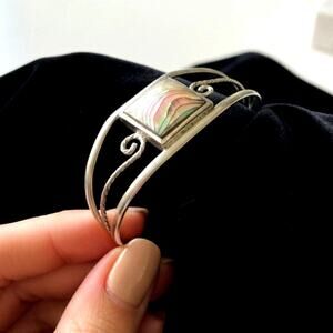 Vintage Mexican Alpaca Silver Abalone Shell Cuff Bracelet